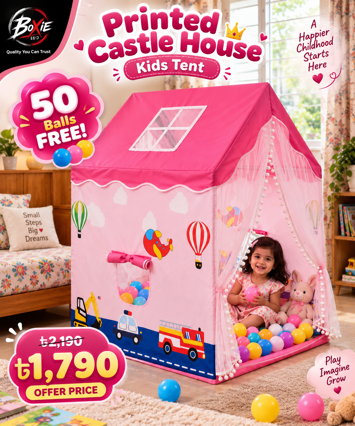 Printed Castle House Kids Tent – 50 Balls Free